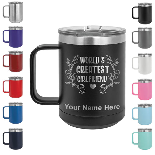 15oz Vacuum Insulated Coffee Mug, World's Greatest Girlfriend, Personalized Engraving Included