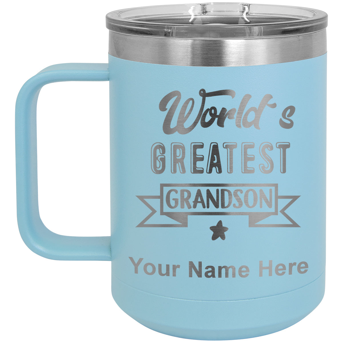 15oz Vacuum Insulated Coffee Mug, World's Greatest Grandson, Personalized Engraving Included