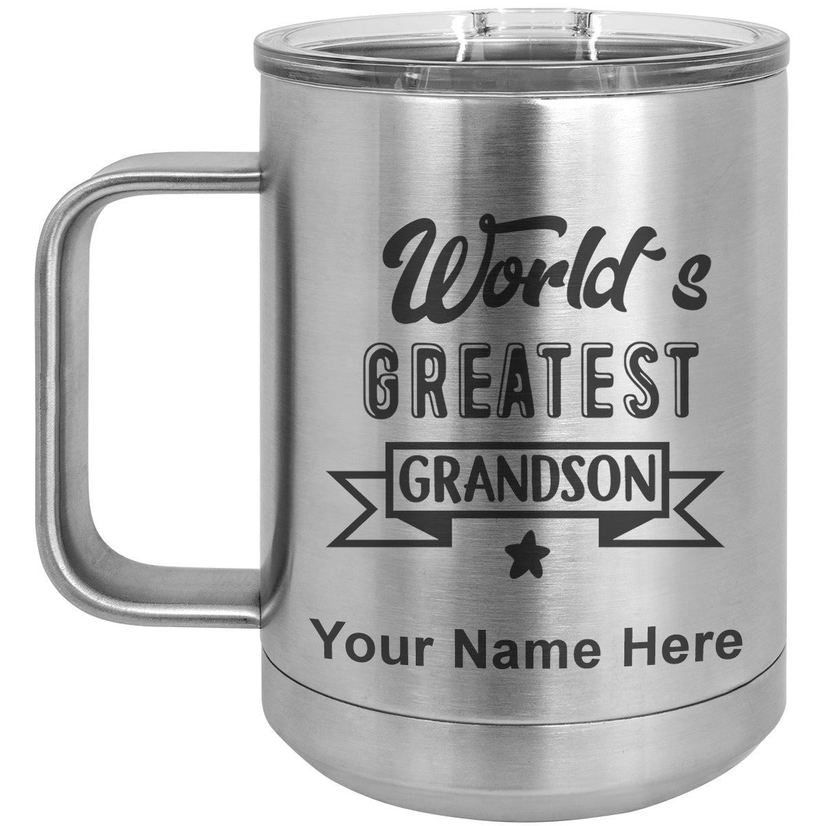 15oz Vacuum Insulated Coffee Mug, World's Greatest Grandson, Personalized Engraving Included