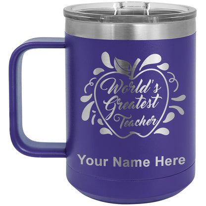 15oz Vacuum Insulated Coffee Mug, World's Greatest Teacher, Personalized Engraving Included