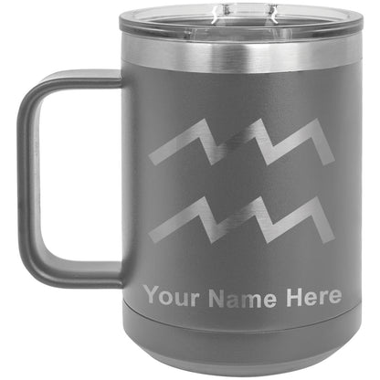 15oz Vacuum Insulated Coffee Mug, Zodiac Sign Aquarius, Personalized Engraving Included