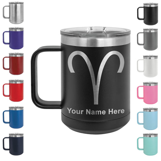 15oz Vacuum Insulated Coffee Mug, Zodiac Sign Aries, Personalized Engraving Included