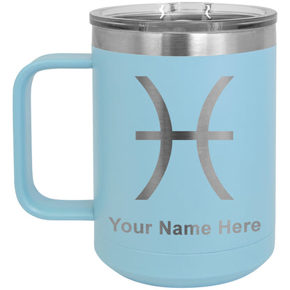 15oz Vacuum Insulated Coffee Mug, Zodiac Sign Pisces, Personalized Engraving Included