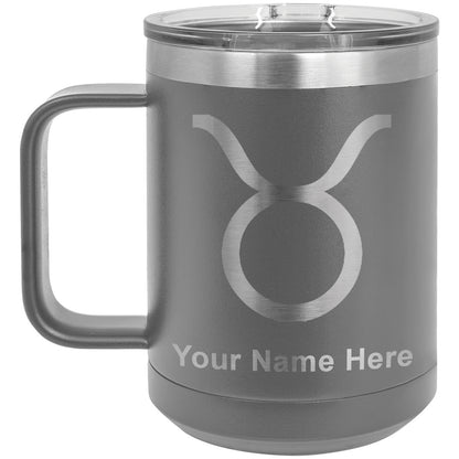 15oz Vacuum Insulated Coffee Mug, Zodiac Sign Taurus, Personalized Engraving Included