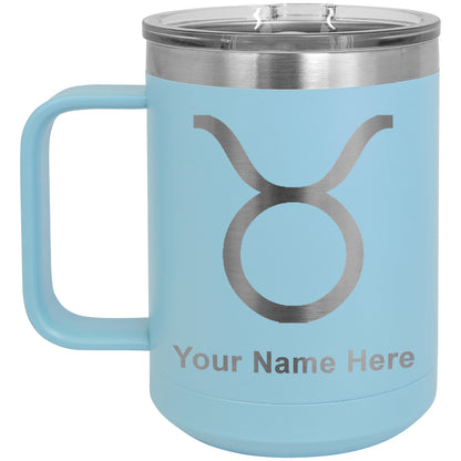 15oz Vacuum Insulated Coffee Mug, Zodiac Sign Taurus, Personalized Engraving Included