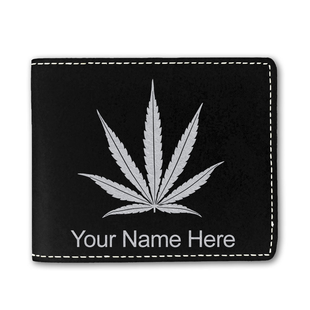 Faux Leather Bi-Fold Wallet, Marijuana leaf, Personalized Engraving Included