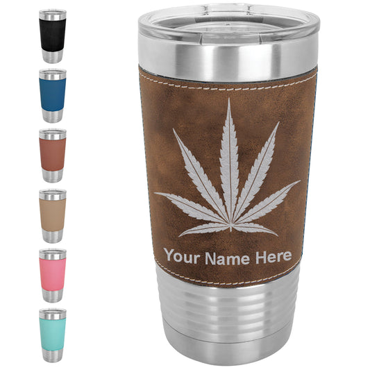 20oz Faux Leather Tumbler Mug, Marijuana leaf, Personalized Engraving Included - LaserGram Custom Engraved Gifts