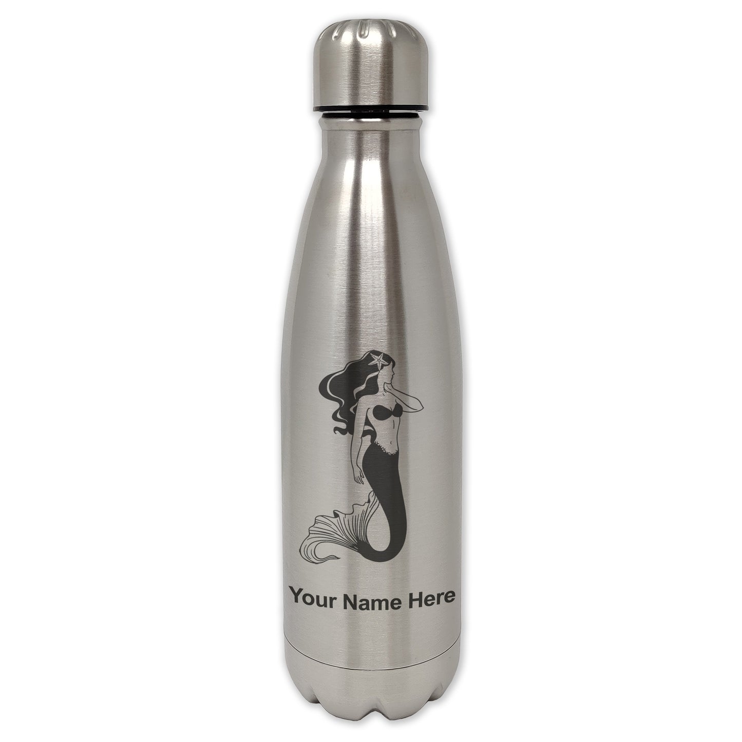 LaserGram Single Wall Water Bottle, Mermaid, Personalized Engraving Included