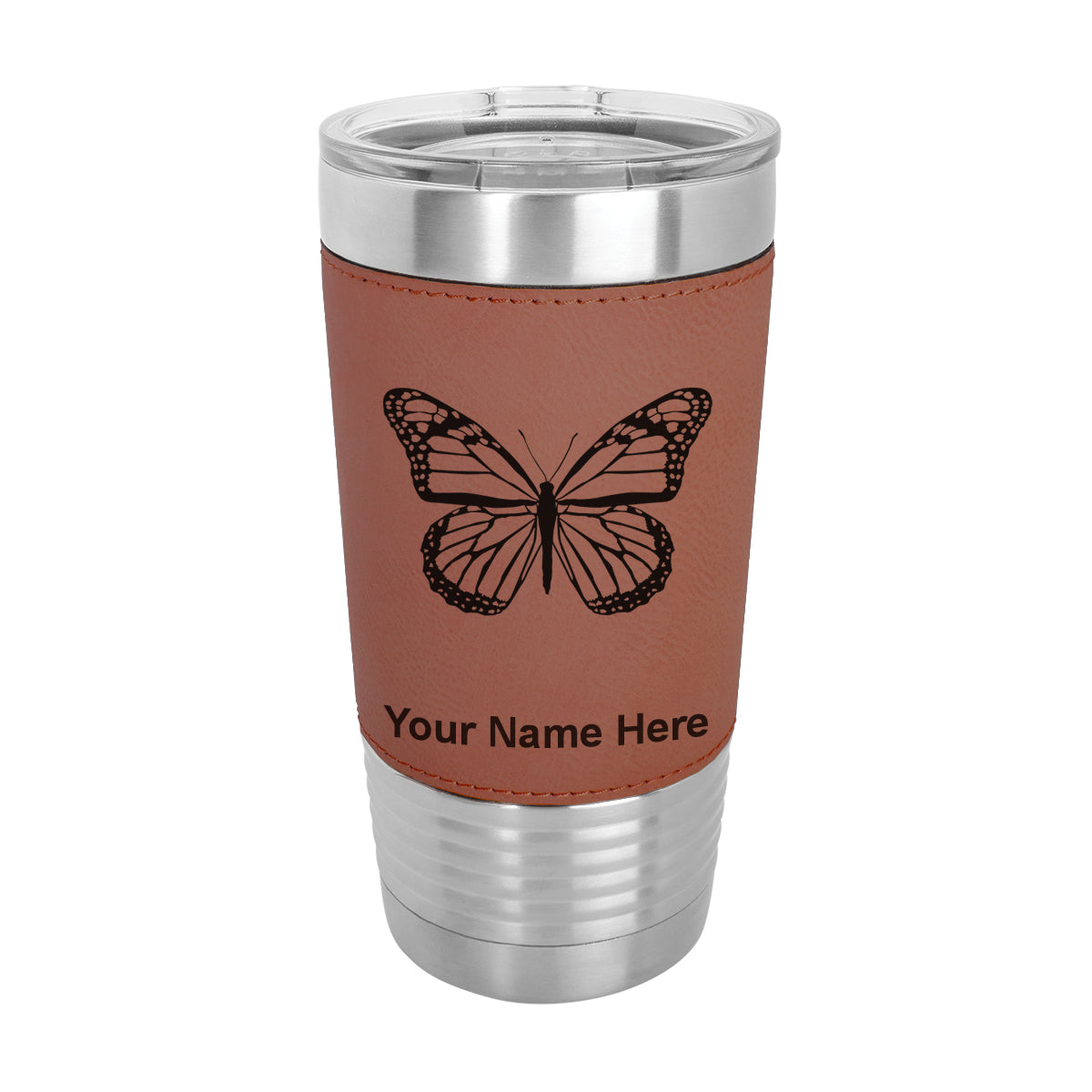 20oz Faux Leather Tumbler Mug, Monarch Butterfly, Personalized Engraving Included - LaserGram Custom Engraved Gifts