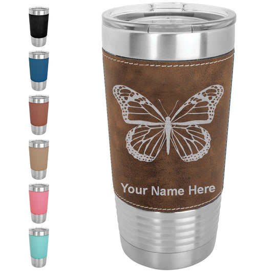 20oz Faux Leather Tumbler Mug, Monarch Butterfly, Personalized Engraving Included - LaserGram Custom Engraved Gifts