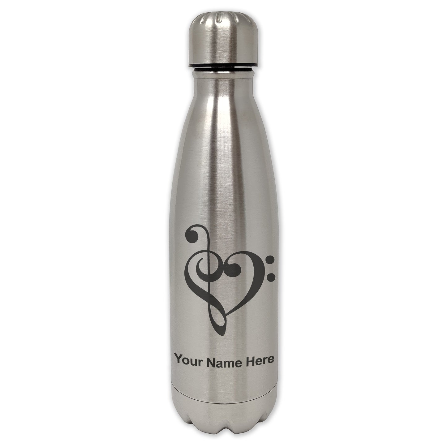 LaserGram Single Wall Water Bottle, Music Heart, Personalized Engraving Included