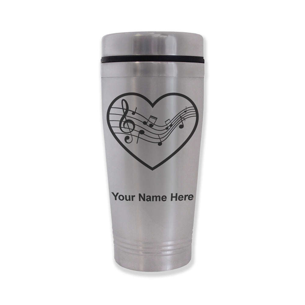 Commuter Travel Mug, Music Staff Heart, Personalized Engraving Included