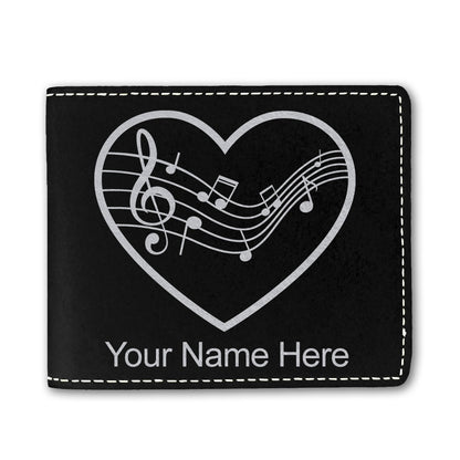 Faux Leather Bi-Fold Wallet, Music Staff Heart, Personalized Engraving Included