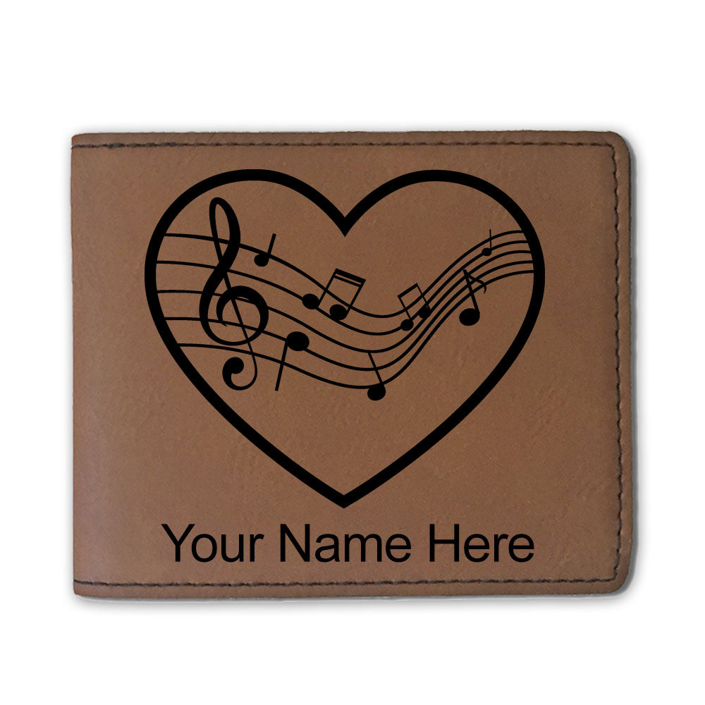 Faux Leather Bi-Fold Wallet, Music Staff Heart, Personalized Engraving Included