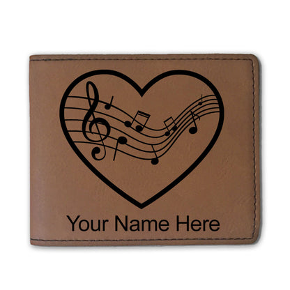 Faux Leather Bi-Fold Wallet, Music Staff Heart, Personalized Engraving Included