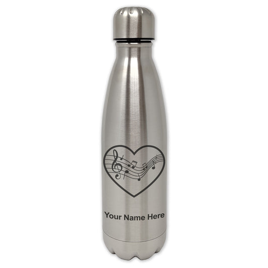 LaserGram Single Wall Water Bottle, Music Staff Heart, Personalized Engraving Included