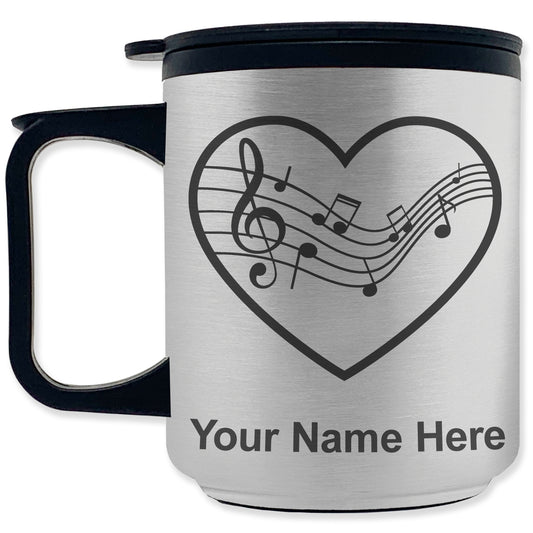 Coffee Travel Mug, Music Staff Heart, Personalized Engraving Included
