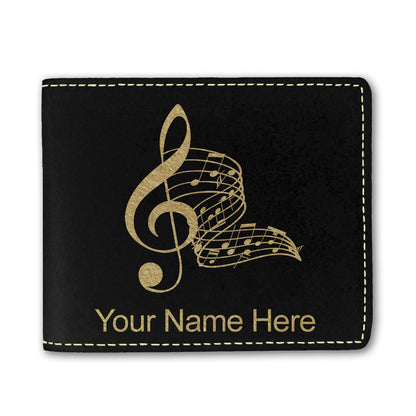Faux Leather Bi-Fold Wallet, Musical Notes, Personalized Engraving Included
