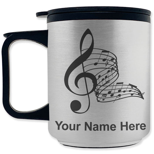 Coffee Travel Mug, Musical Notes, Personalized Engraving Included