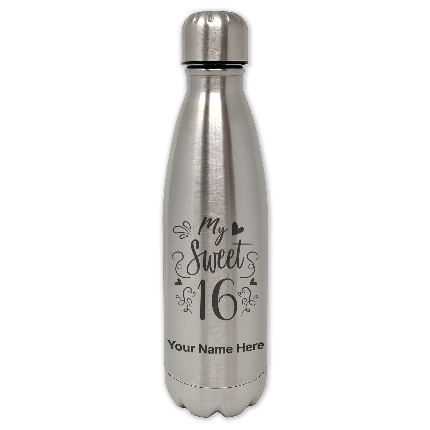 LaserGram Single Wall Water Bottle, My Sweet 16, Personalized Engraving Included