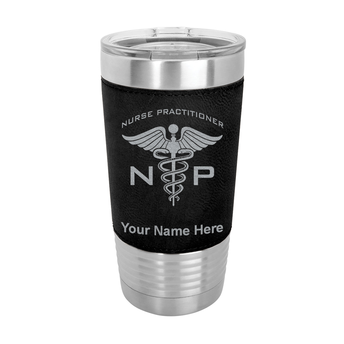 20oz Faux Leather Tumbler Mug, NP Nurse Practitioner, Personalized Engraving Included - LaserGram Custom Engraved Gifts