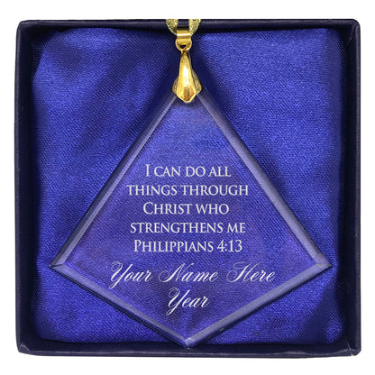 LaserGram Christmas Ornament, Bible Verse Philippians 4-13, Personalized Engraving Included (Diamond Shape)