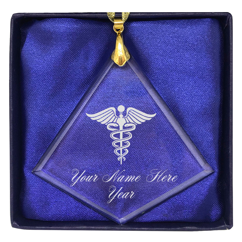 LaserGram Christmas Ornament, Caduceus Medical Symbol, Personalized Engraving Included (Diamond Shape)