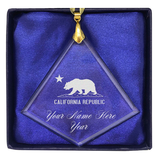 LaserGram Christmas Ornament, California Republic Bear Flag, Personalized Engraving Included (Diamond Shape)