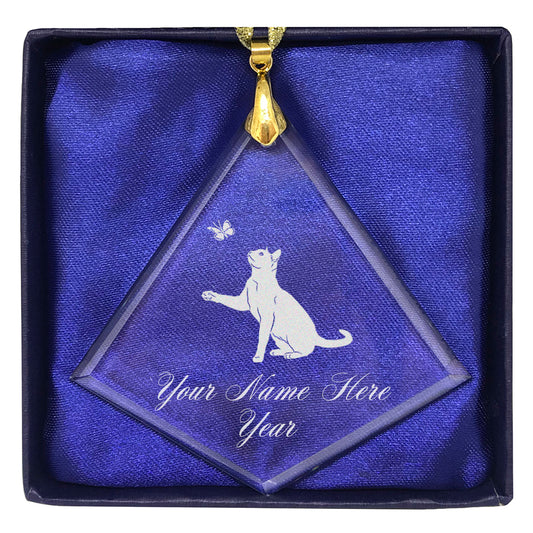 LaserGram Christmas Ornament, Cat with Butterfly, Personalized Engraving Included (Diamond Shape)