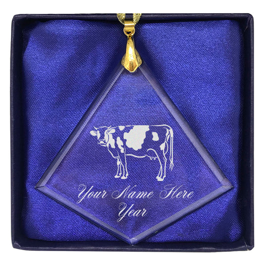 LaserGram Christmas Ornament, Cow, Personalized Engraving Included (Diamond Shape)