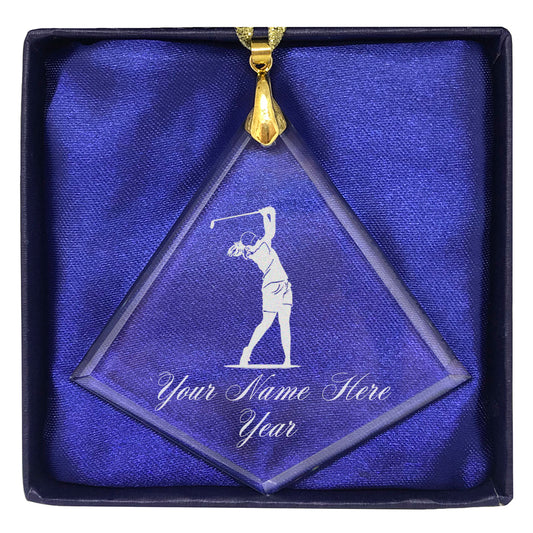 LaserGram Christmas Ornament, Golfer Woman, Personalized Engraving Included (Diamond Shape)