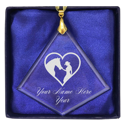 LaserGram Christmas Ornament, Horse Cowgirl Heart, Personalized Engraving Included (Diamond Shape)