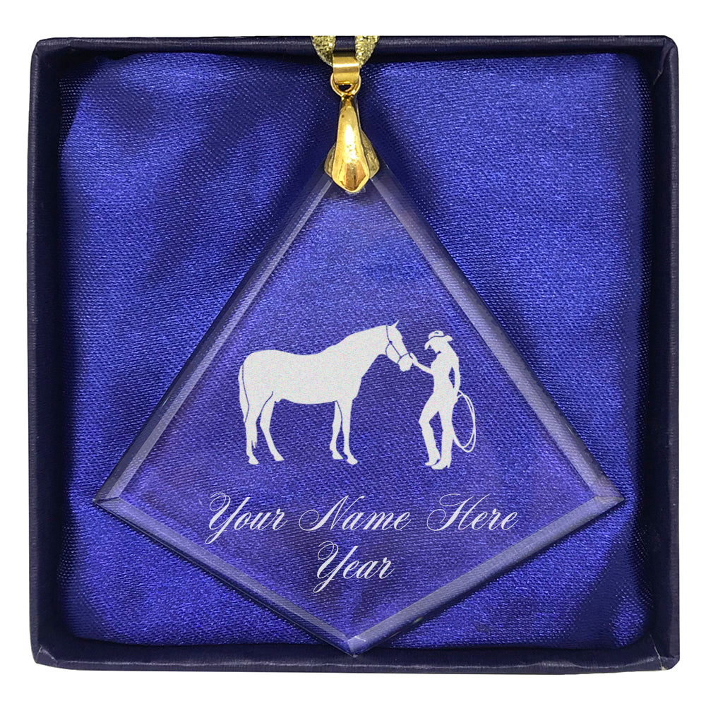 LaserGram Christmas Ornament, Horse and Cowgirl, Personalized Engraving Included (Diamond Shape)