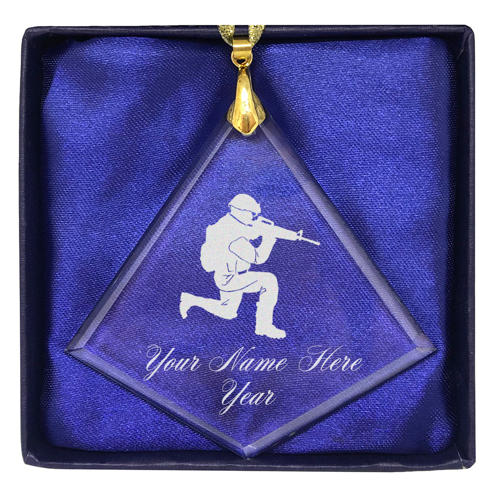 LaserGram Christmas Ornament, Military Soldier, Personalized Engraving Included (Diamond Shape)