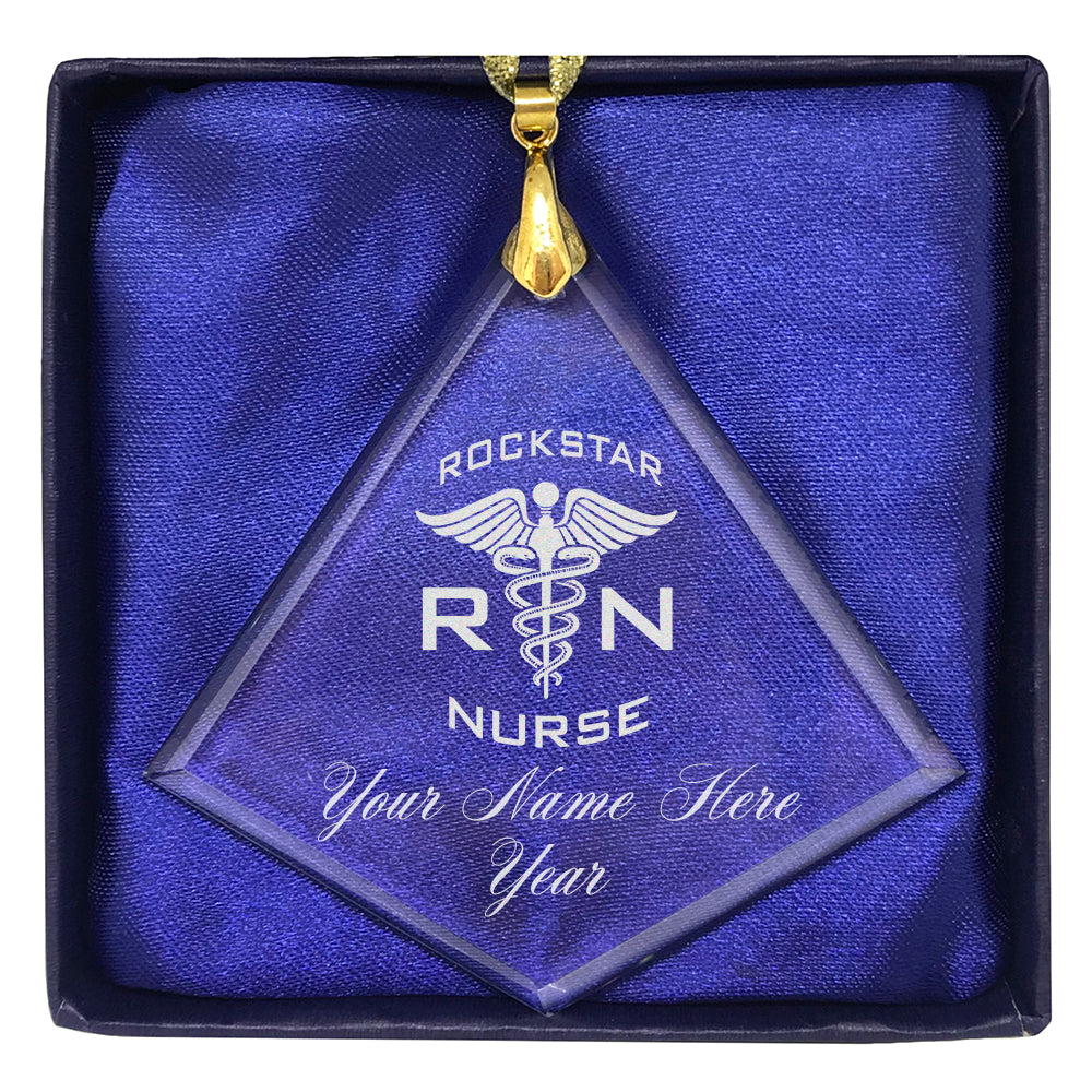 LaserGram Christmas Ornament, RN Rockstar Nurse, Personalized Engraving Included (Diamond Shape)