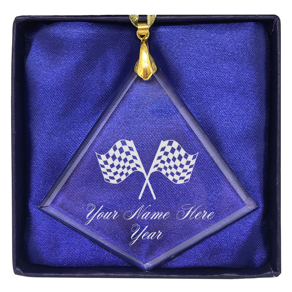 LaserGram Christmas Ornament, Racing Flags, Personalized Engraving Included (Diamond Shape)