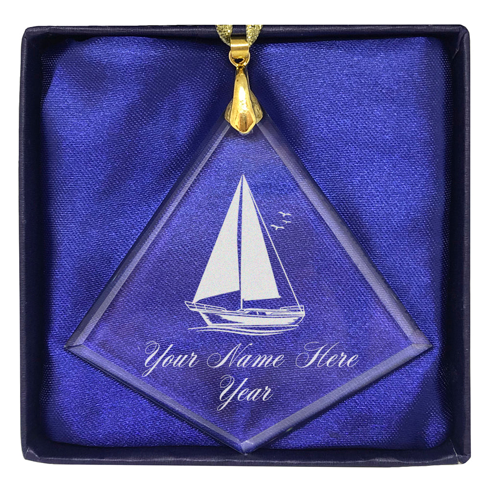 LaserGram Christmas Ornament, Sailboat, Personalized Engraving Included (Diamond Shape)