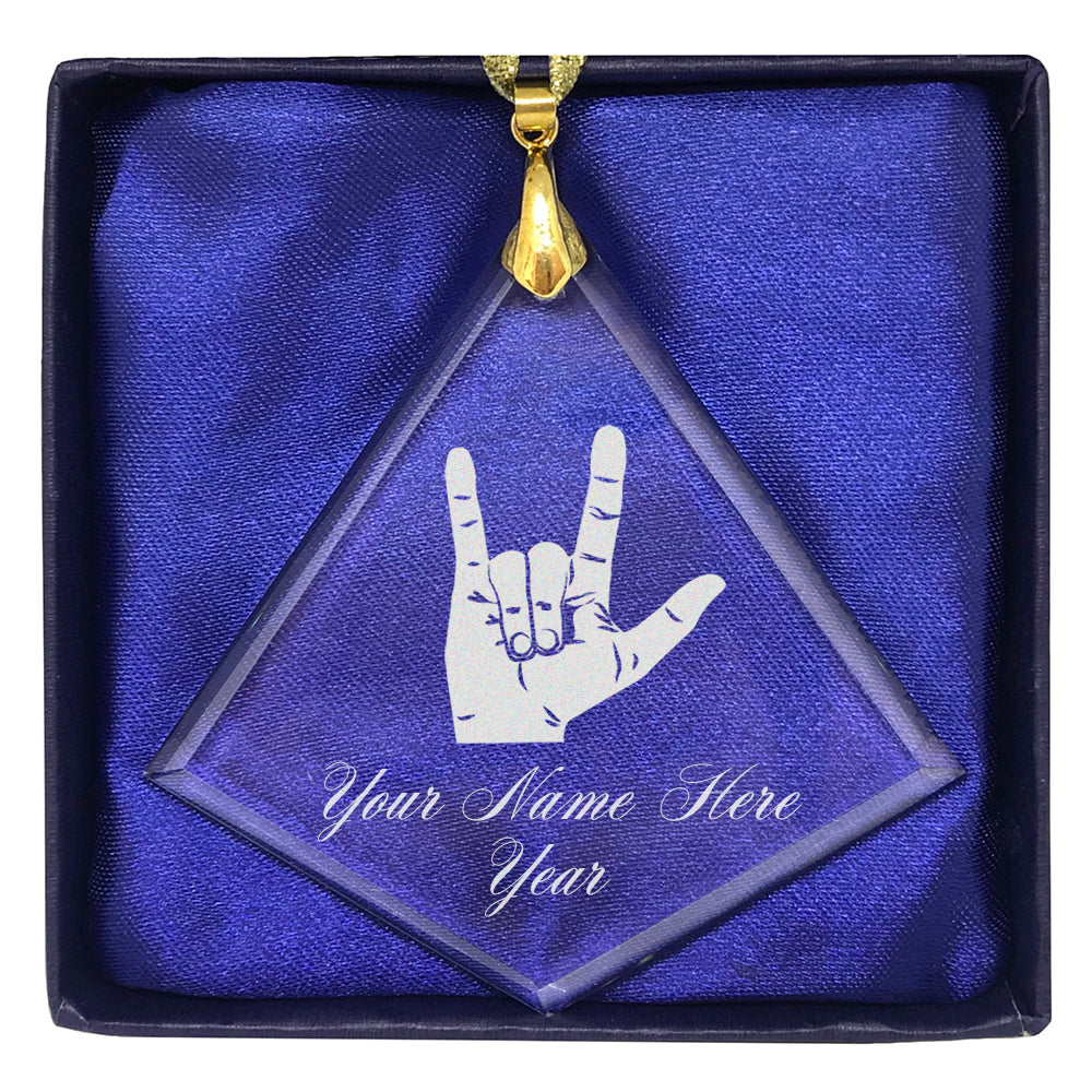 LaserGram Christmas Ornament, Sign Language I Love You, Personalized Engraving Included (Diamond Shape)