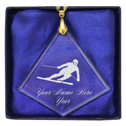 LaserGram Christmas Ornament, Skier Downhill, Personalized Engraving Included (Diamond Shape)