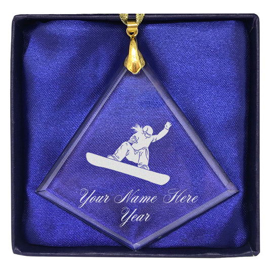LaserGram Christmas Ornament, Snowboarder Woman, Personalized Engraving Included (Diamond Shape)