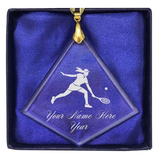 LaserGram Christmas Ornament, Tennis Player Woman, Personalized Engraving Included (Diamond Shape)