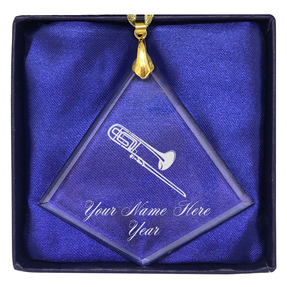 LaserGram Christmas Ornament, Trombone, Personalized Engraving Included (Diamond Shape)