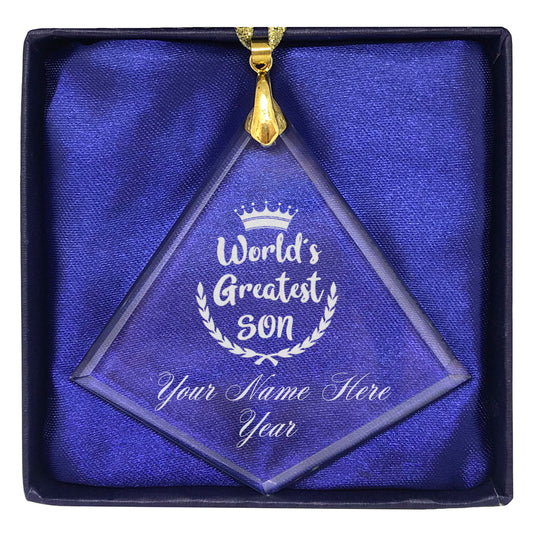 LaserGram Christmas Ornament, World's Greatest Son, Personalized Engraving Included (Diamond Shape)