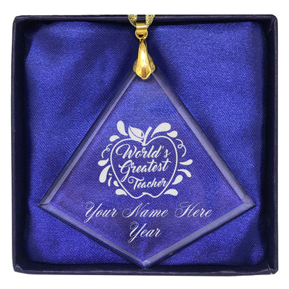 LaserGram Christmas Ornament, World's Greatest Teacher, Personalized Engraving Included (Diamond Shape)