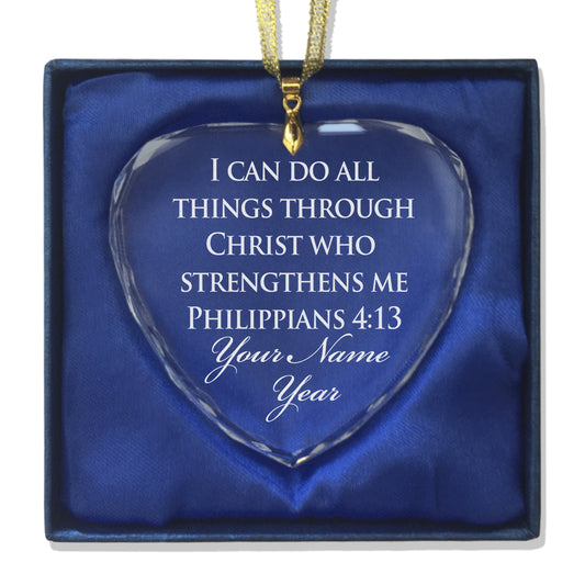 LaserGram Christmas Ornament, Bible Verse Philippians 4-13, Personalized Engraving Included (Heart Shape)