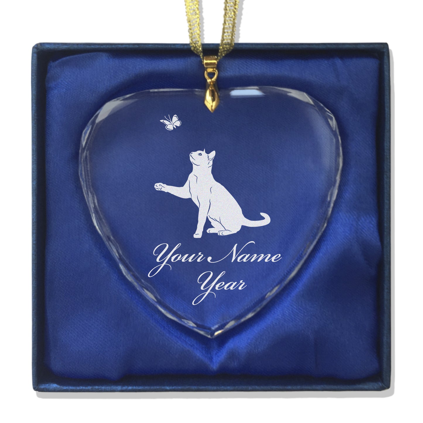 LaserGram Christmas Ornament, Cat with Butterfly, Personalized Engraving Included (Heart Shape)