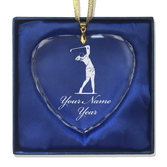 LaserGram Christmas Ornament, Golfer Woman, Personalized Engraving Included (Heart Shape)