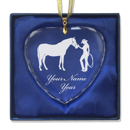 LaserGram Christmas Ornament, Horse and Cowgirl, Personalized Engraving Included (Heart Shape)