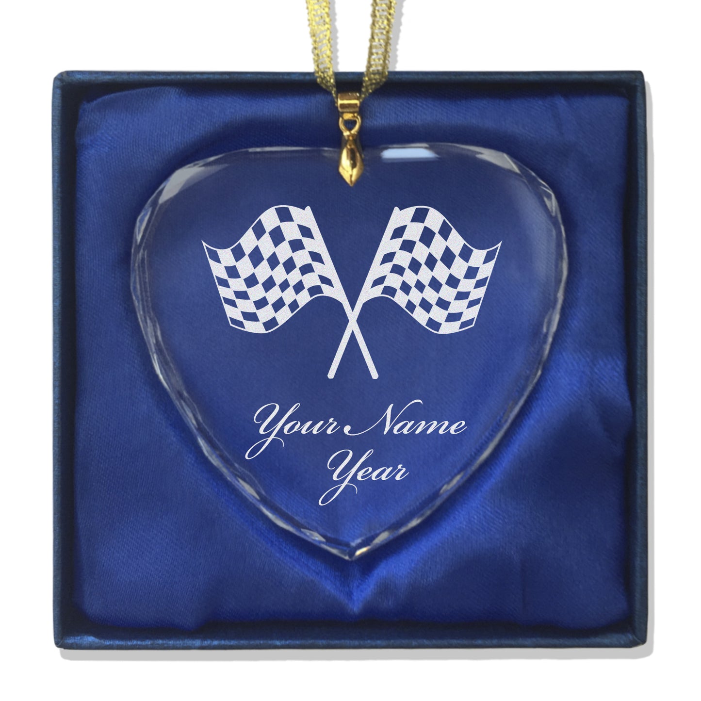 LaserGram Christmas Ornament, Racing Flags, Personalized Engraving Included (Heart Shape)