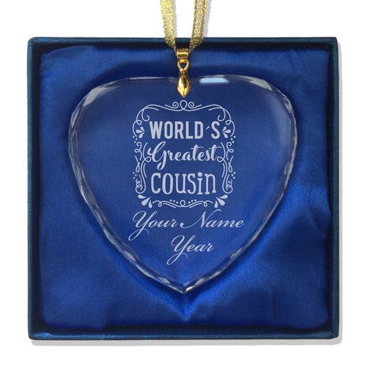 LaserGram Christmas Ornament, World's Greatest Cousin, Personalized Engraving Included (Heart Shape)